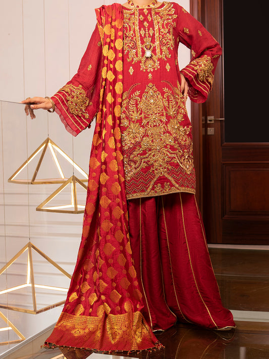 Red Cotton Masori 3Pc Formal Unstitched - AL-3PS-LS-UN-345