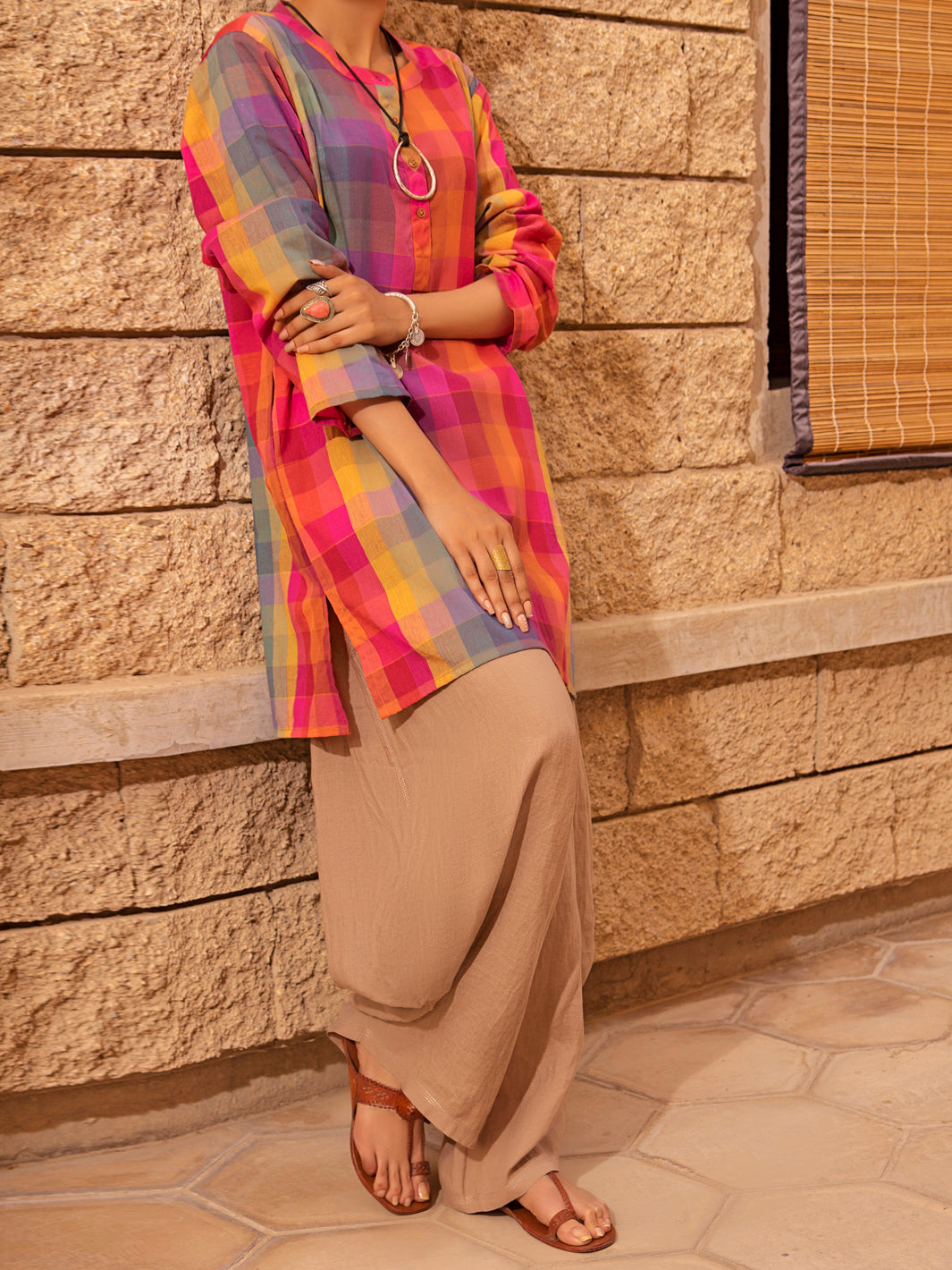 Multicolor Linen Tunic - ALCR-LK-1020 - Almirah Online