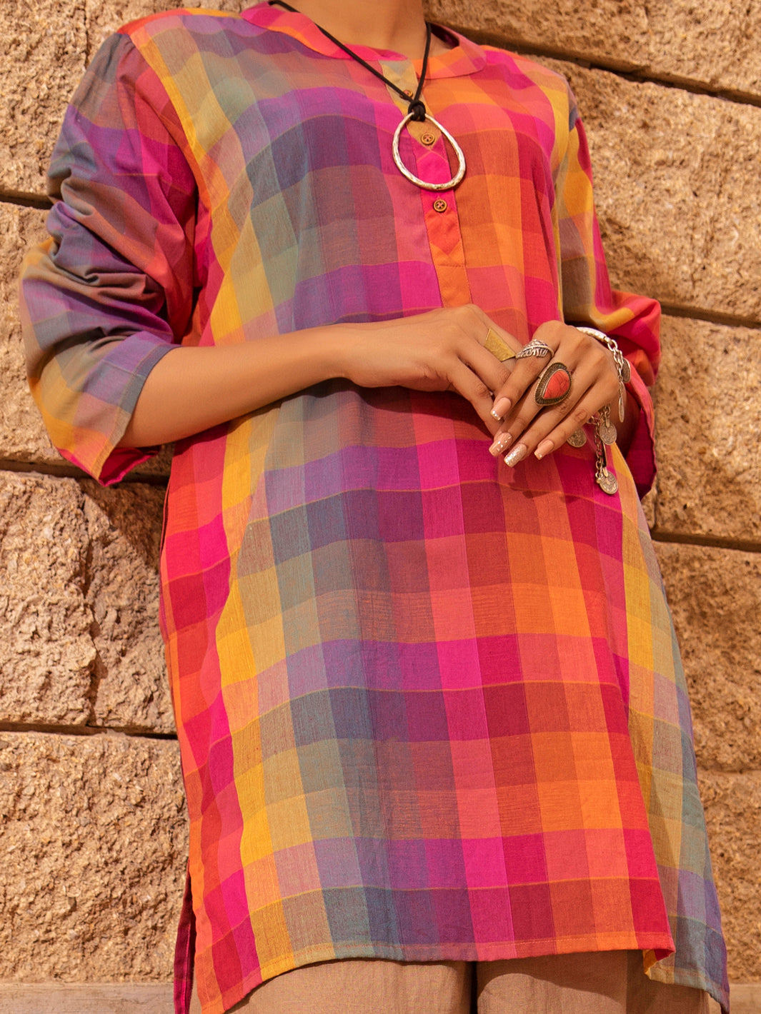 Multicolor Linen Tunic - ALCR-LK-1020 - Almirah Online