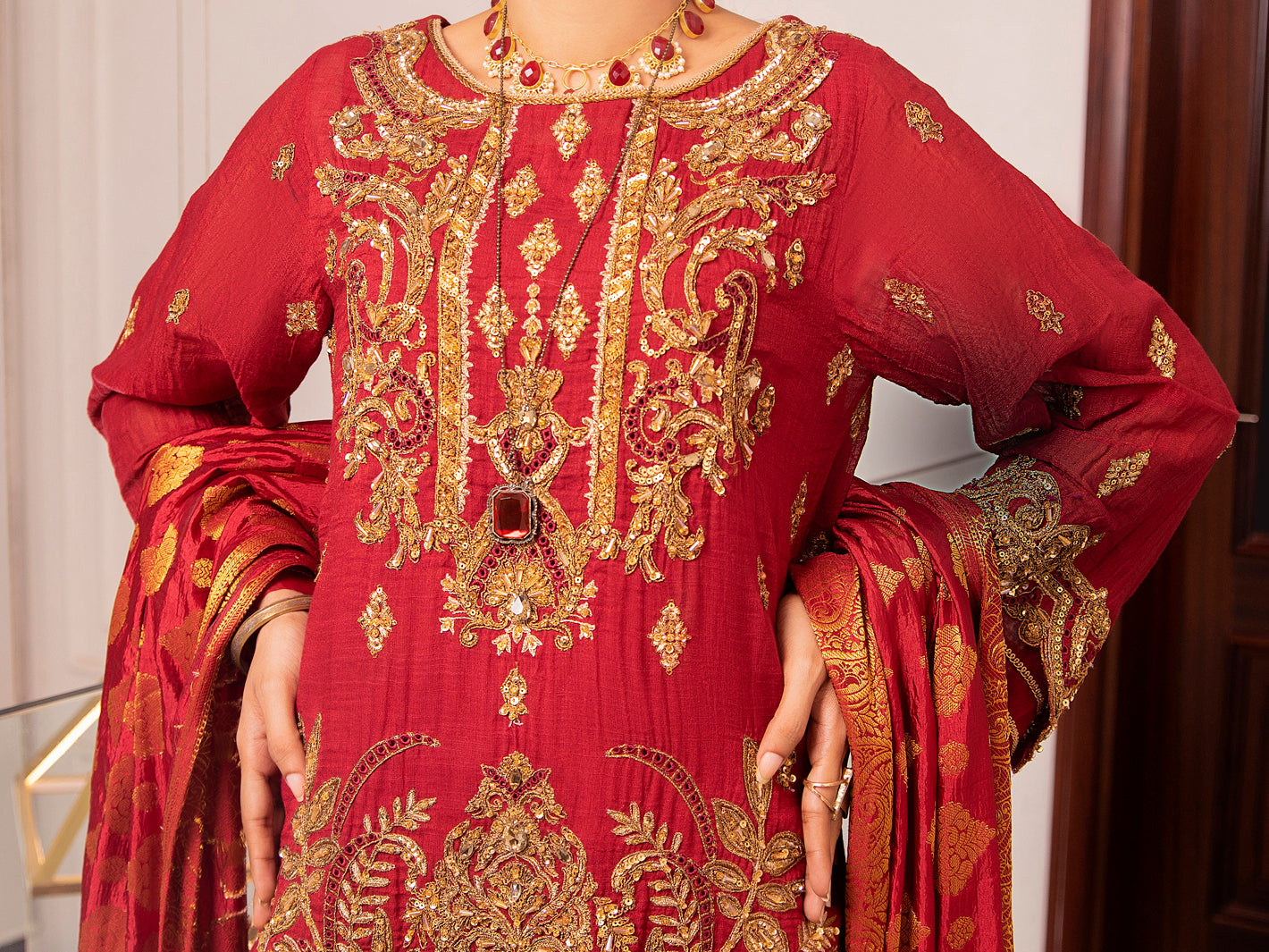 Red Cotton Masori 3Pc Formal Unstitched - AL-3PS-LS-UN-345