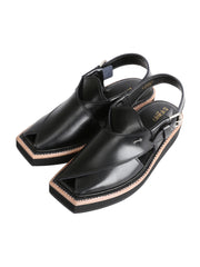 Black Leather Peshawari Chappal - AL-MFW-HCK-136