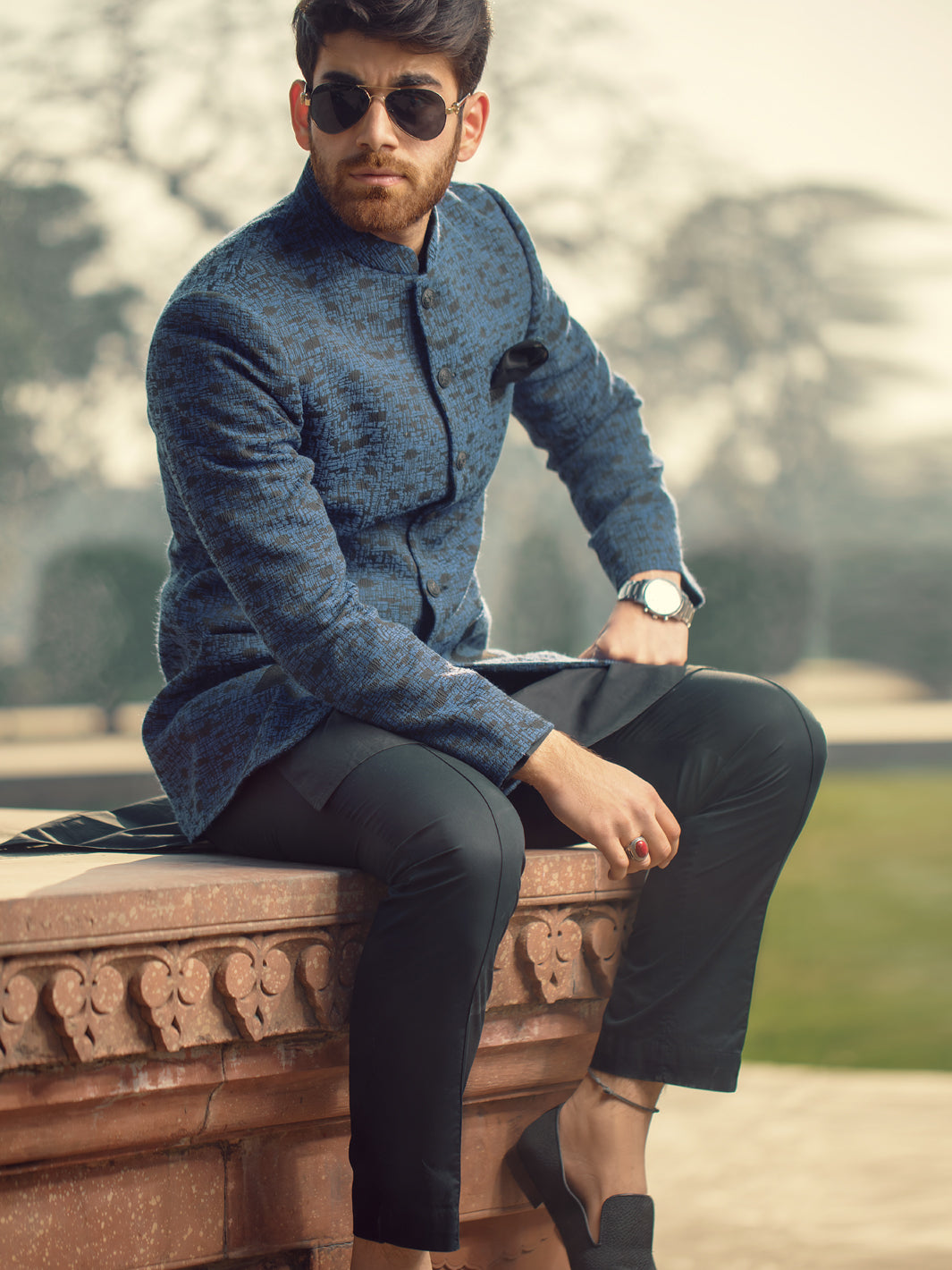 Royal Blue Textured Prince Coat - AL-PCS-002