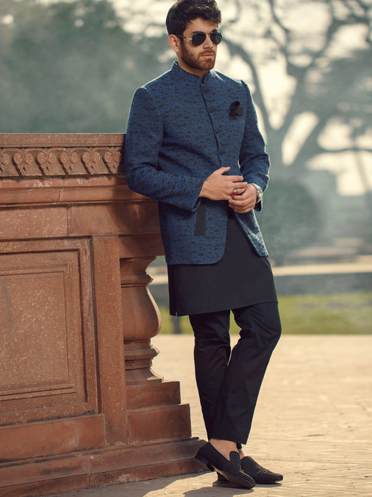 Royal Blue Textured Prince Coat - AL-PCS-002