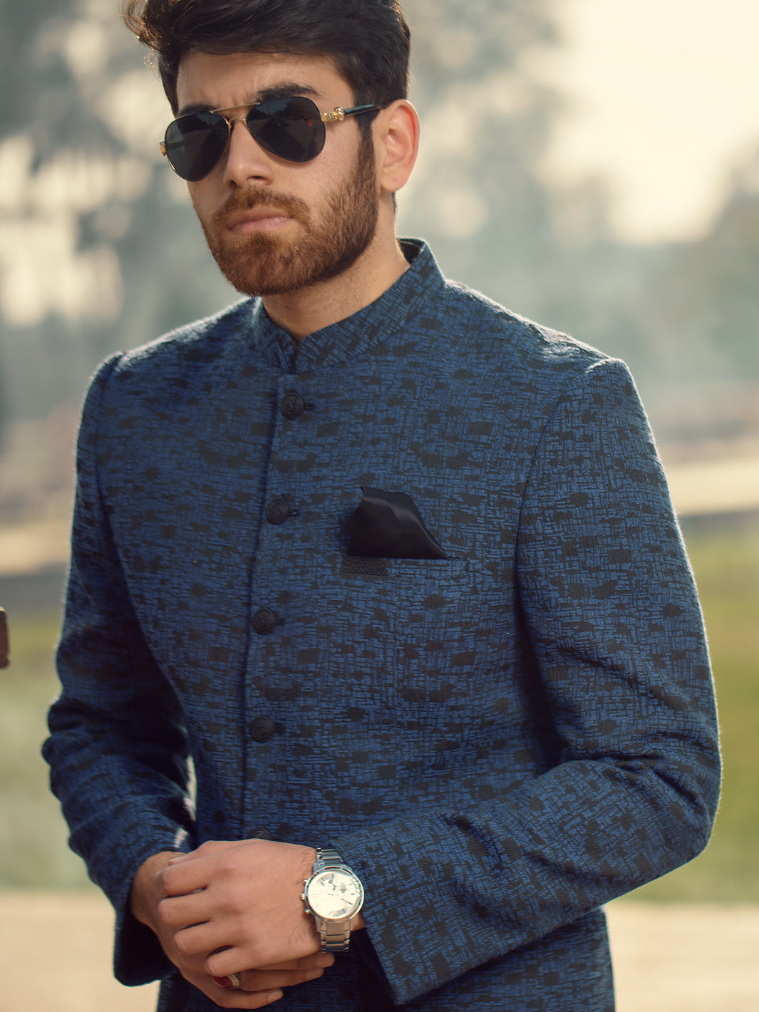 Royal Blue Textured Prince Coat - AL-PCS-002
