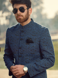 Royal Blue Textured Prince Coat - AL-PCS-002