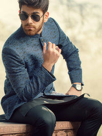 Royal Blue Textured Prince Coat - AL-PCS-002