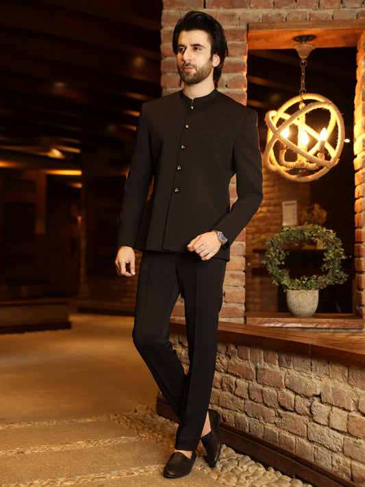 Black Textured Prince Coat - AL-PCS-003
