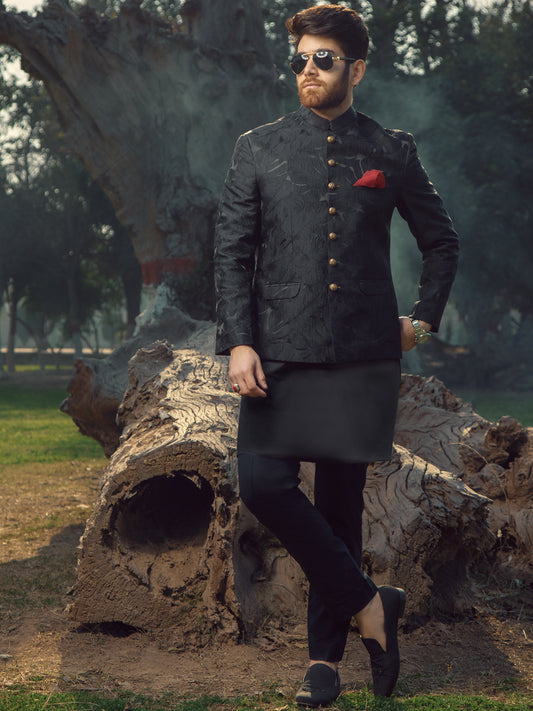 Black Textured Prince Coat - AL-PCS-008
