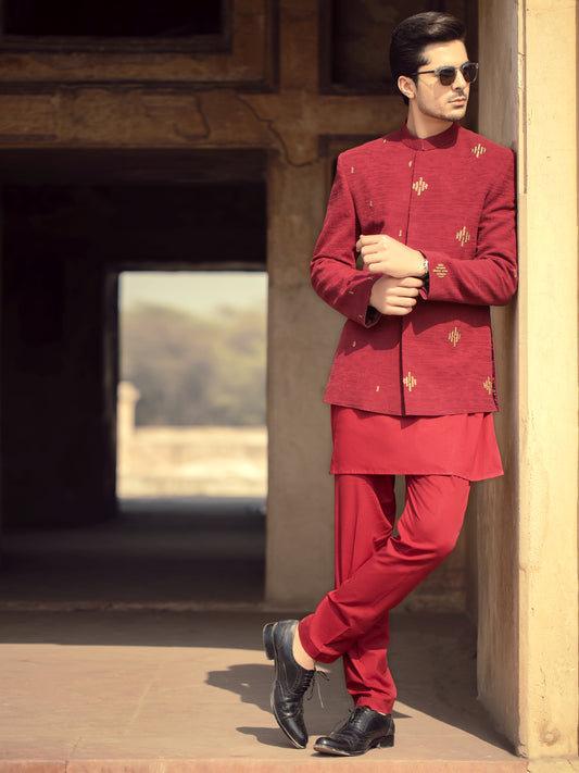 Red Blended Fabric Prince Coat  - AL-PCS-026