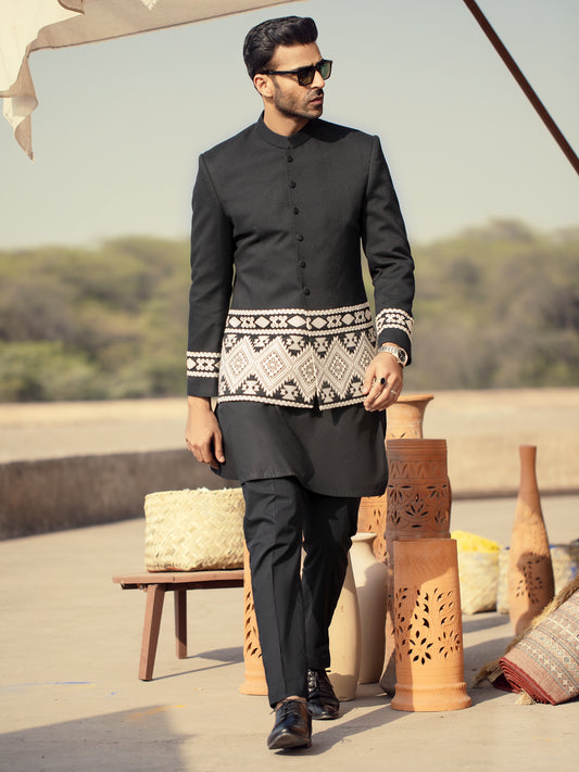 Black Blended Fabric Prince Coat  - AL-PCS-029