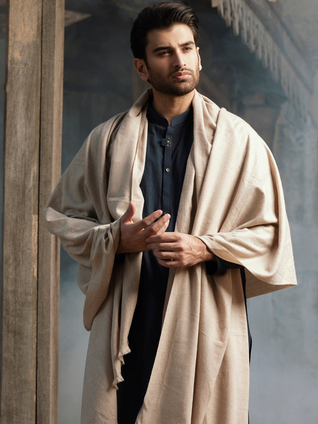 Beige Blended Shawl For Men - AL-SH-003