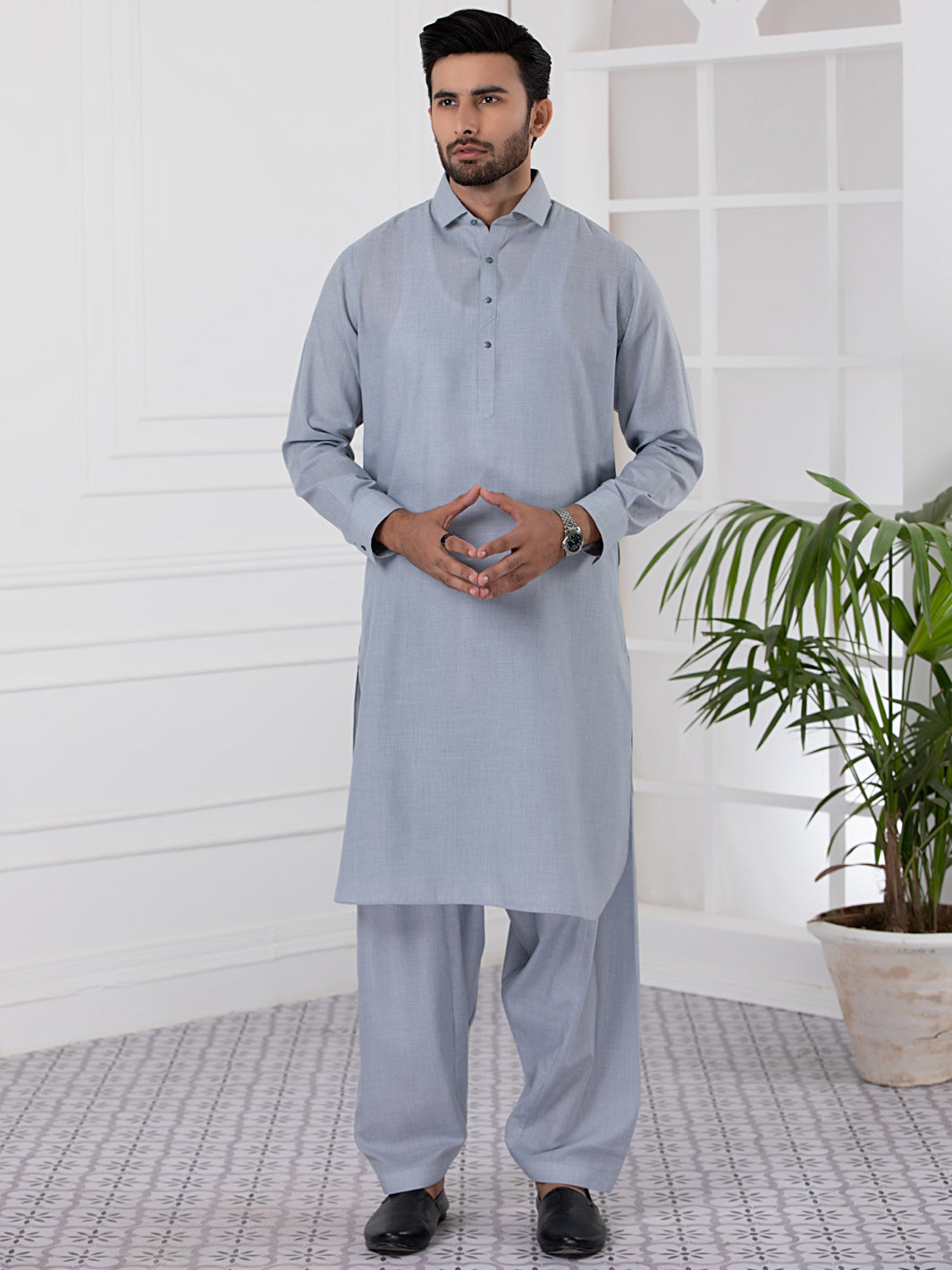 Light Grey Blended Kameez Shalwar - ALWA-KS-332