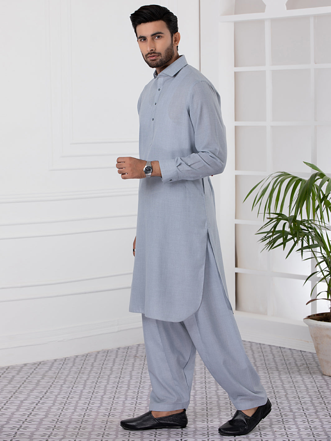 Light Grey Blended Kameez Shalwar - ALWA-KS-332
