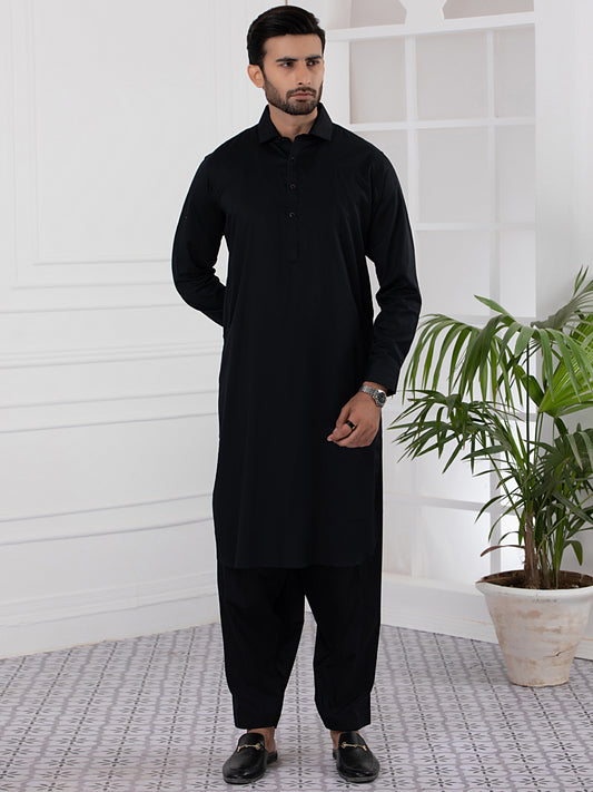 Black Cotton Kameez Shalwar - ALWA-KS-336