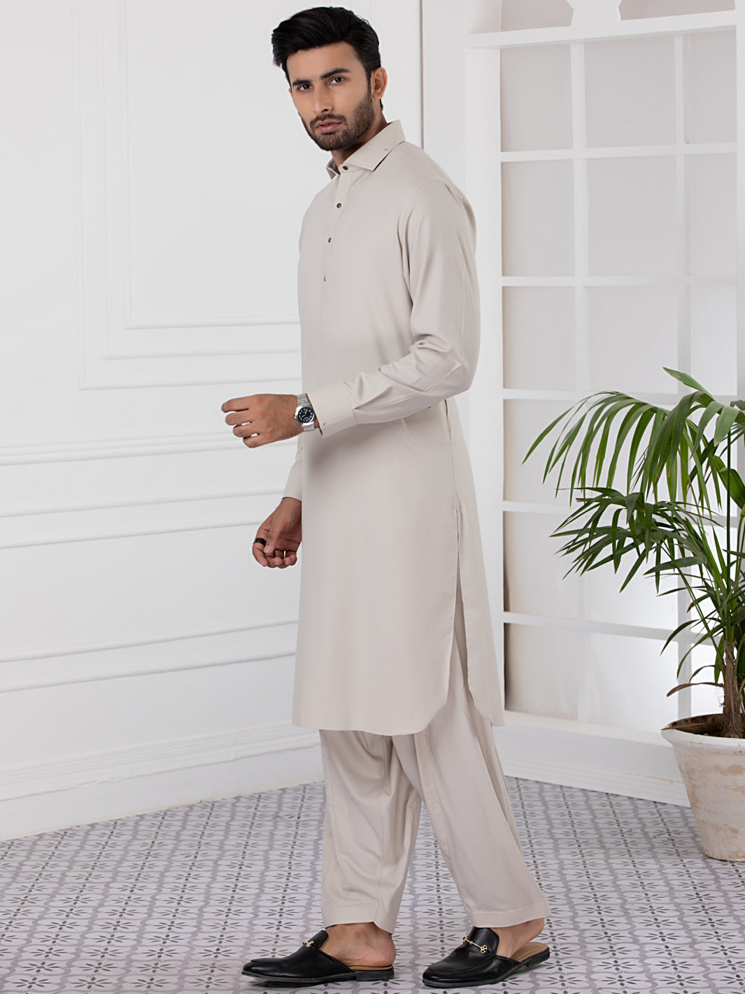Beige Blended Kameez Shalwar - ALWA-KS-338