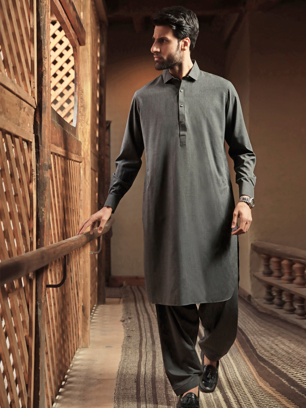 Charcoal Grey Blended Kameez Shalwar - ALWA-KS-314
