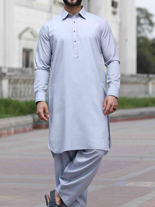 Light Grey Blended Kameez Shalwar - ALWA-KS-146