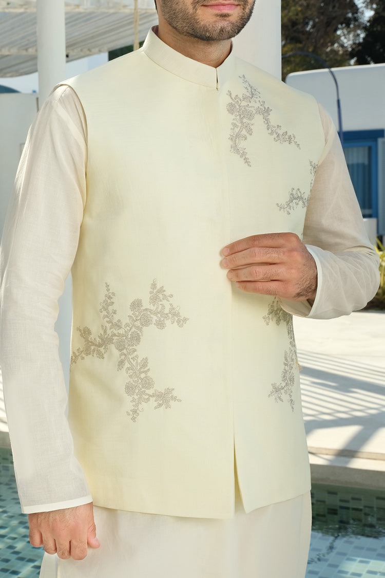 Light Yellow Khaddar Waistcoat - AL-WC-314