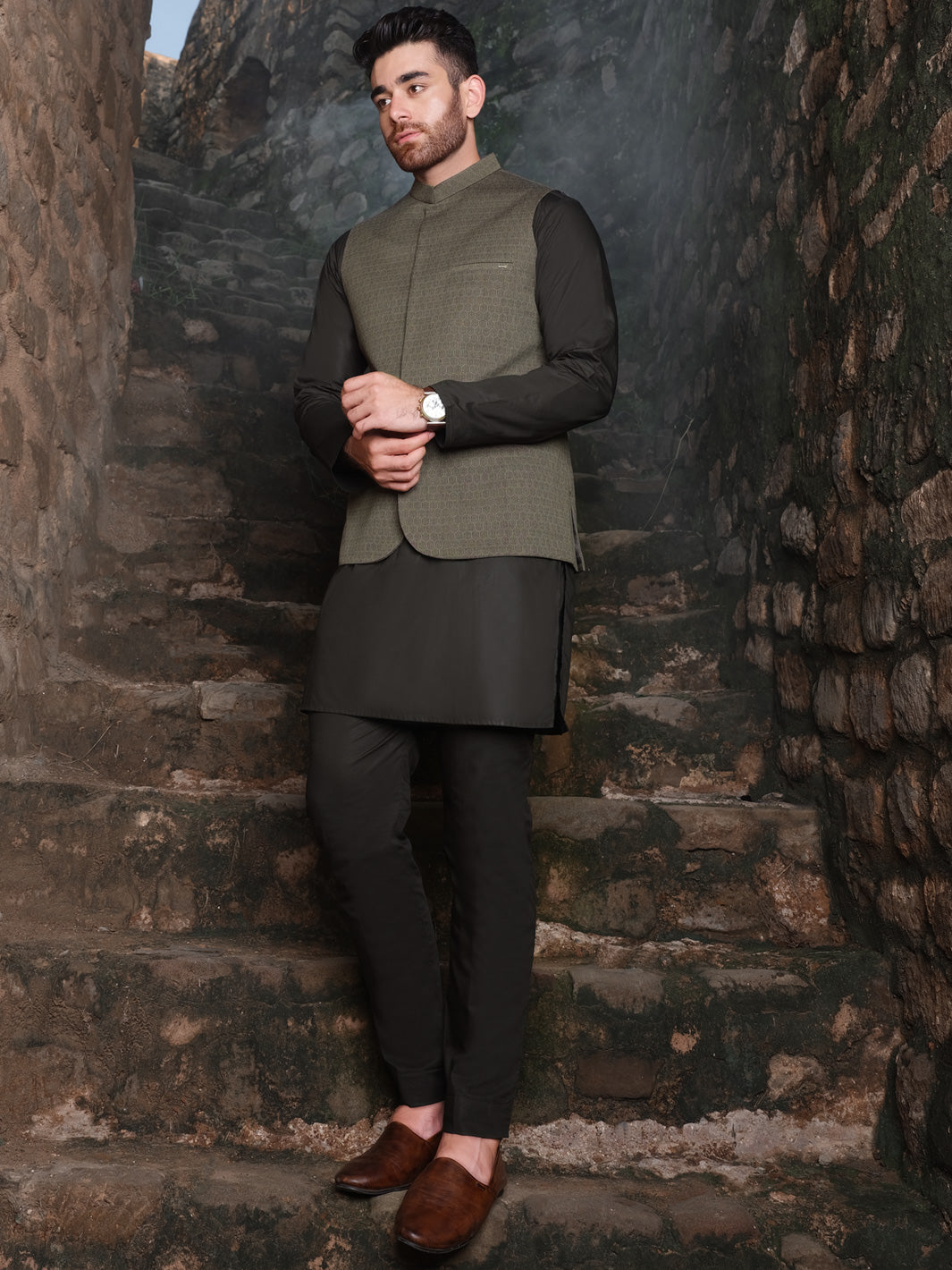 Olive Woven Waistcoat - AL-WC-332