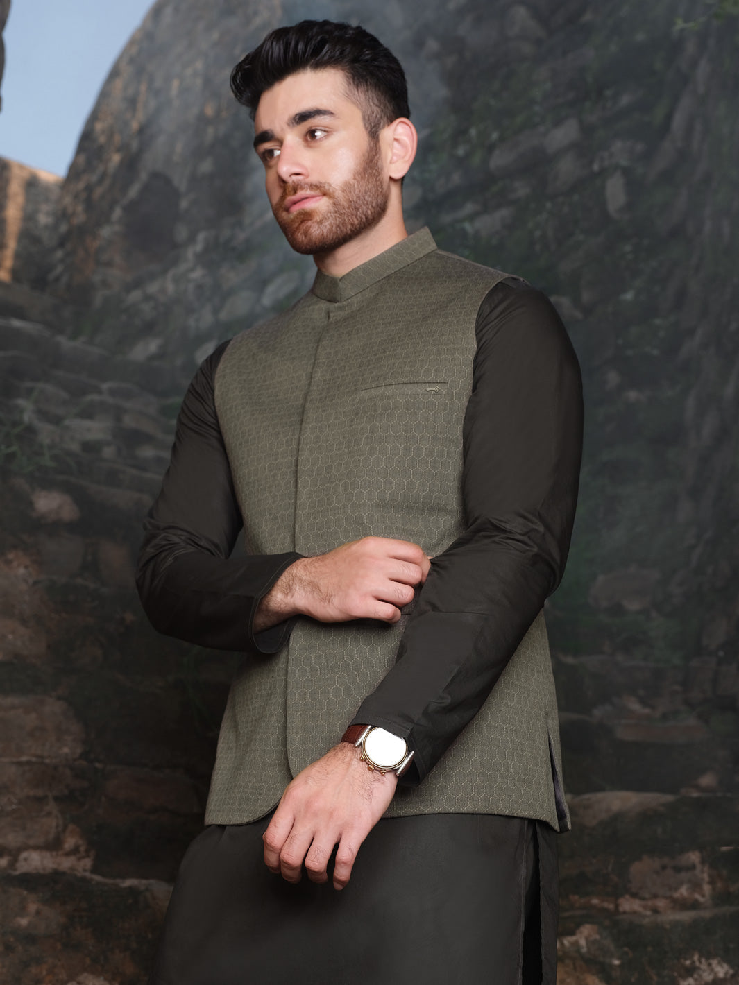 Olive Woven Waistcoat - AL-WC-332