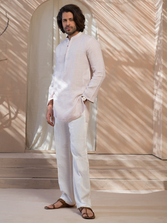 Pink Pin Striped Linen Short Kurta - ALCR-K-001 - Almirah Online