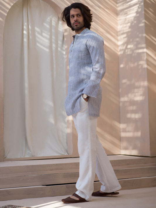 Grey Pin Striped Linen Short Kurta - ALCR-K-002 - Almirah Online