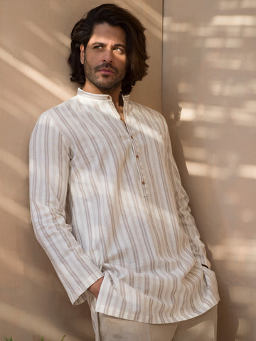 BROWN & WHITE STRIPED LINEN SHORT KURTA - ALCR-K-003