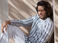 Blue & White Striped Linen Short Kurta - ALCR-K-004