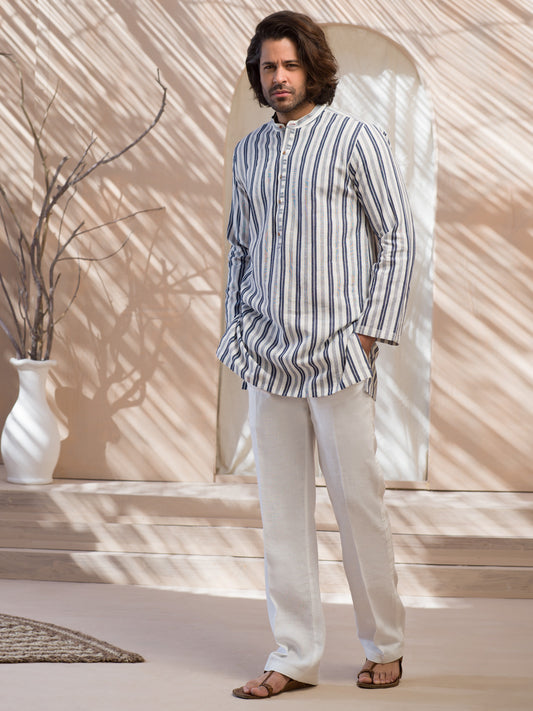 Blue & White Striped Linen Short Kurta - ALCR-K-004 - Almirah Online