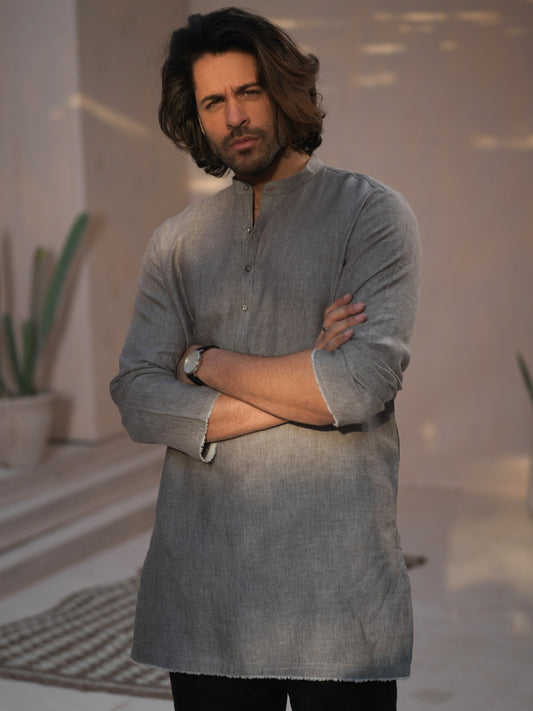 Grey Yarn Dyed Short Kurta - ALCR-K-005 - Almirah Online