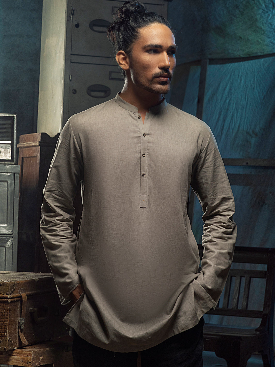 Khaki Linen Short Kurta - ALCR-K-012 - Almirah Online