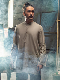 Khaki Linen Short Kurta - ALCR-K-012