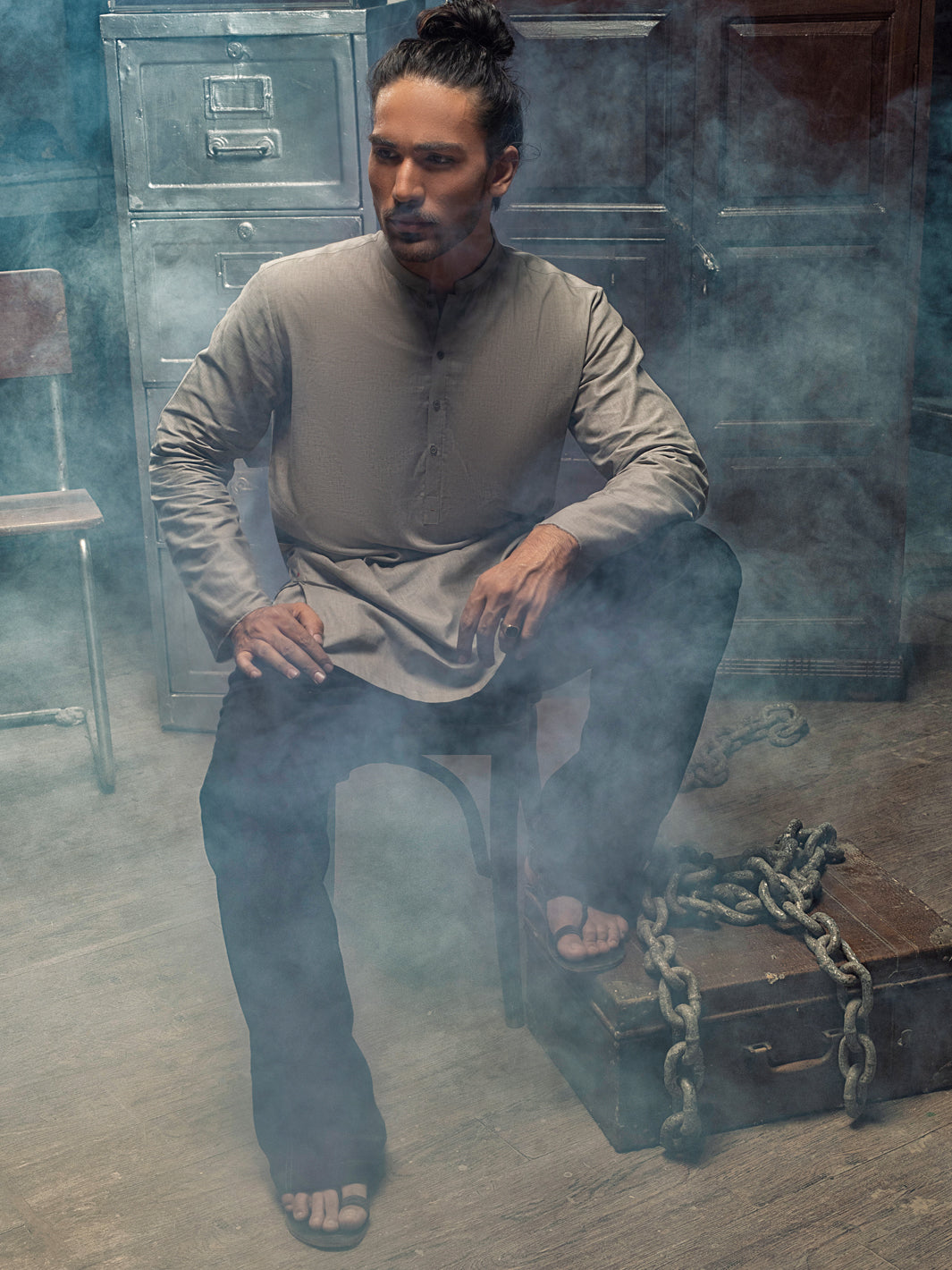 Khaki Linen Short Kurta - ALCR-K-012 - Almirah Online