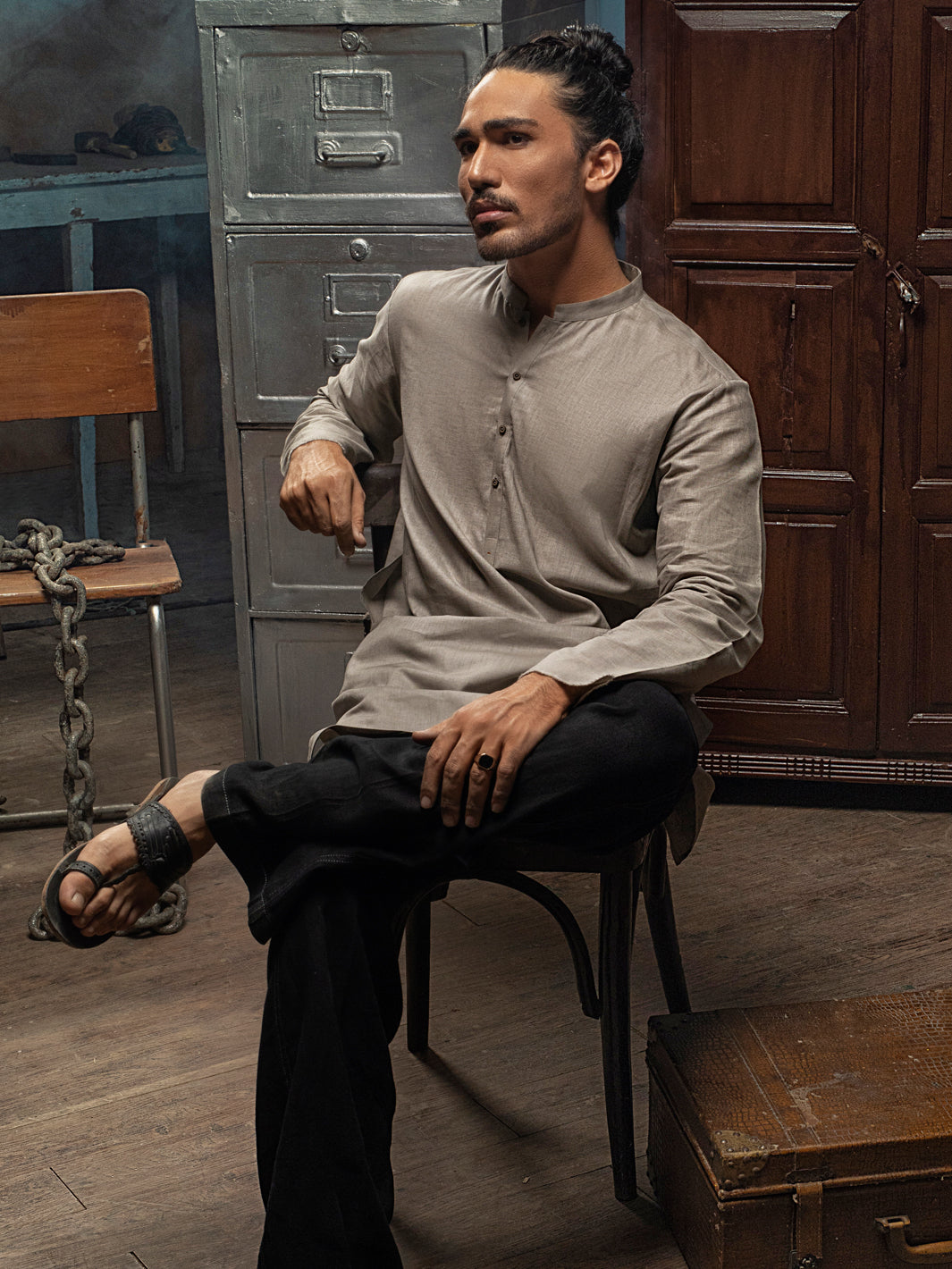 Khaki Linen Short Kurta - ALCR-K-012 - Almirah Online