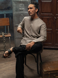 Khaki Linen Short Kurta - ALCR-K-012