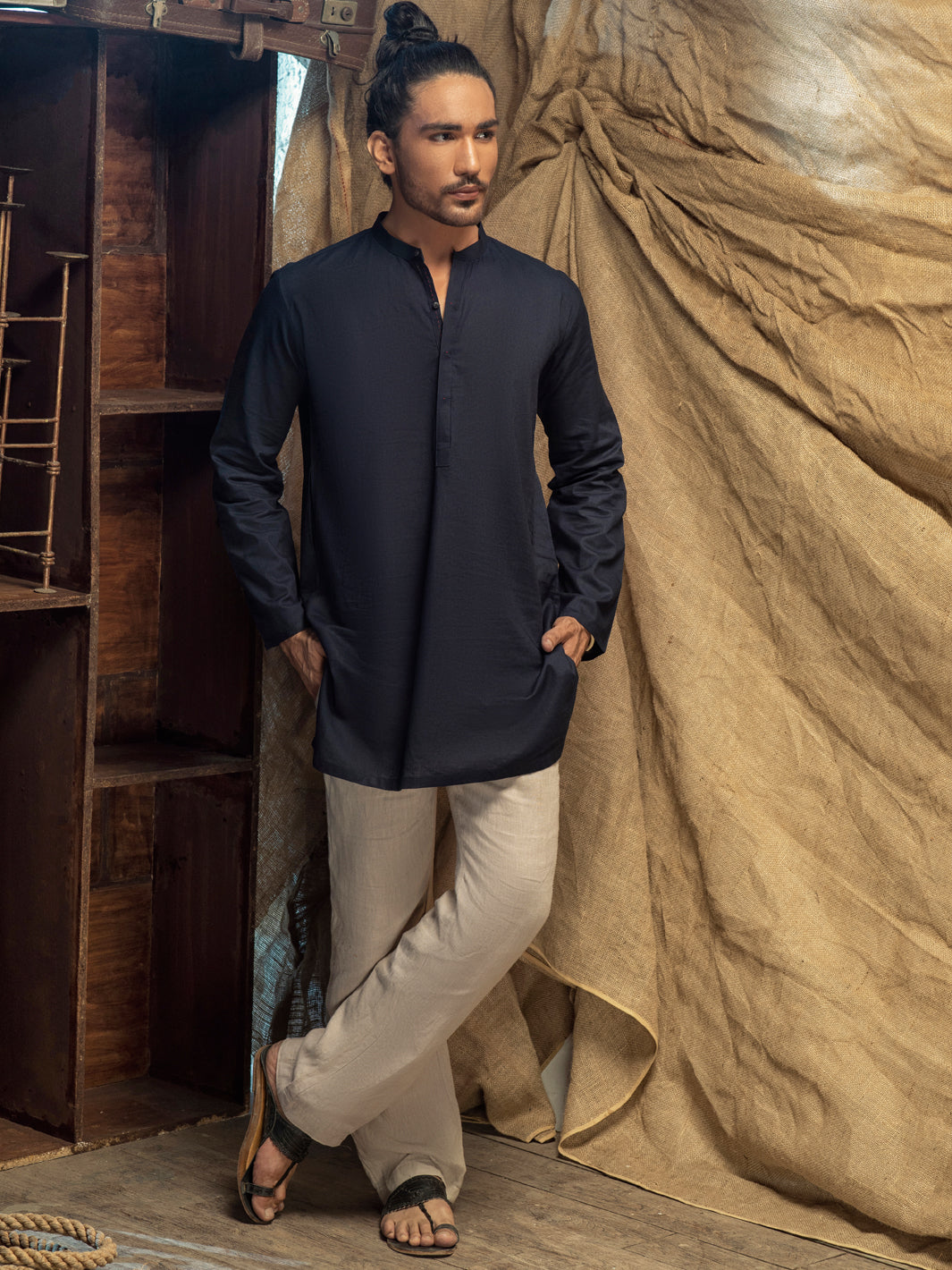 Indigo Blue Linen Short Kurta - ALCR-K-013 - Almirah Online