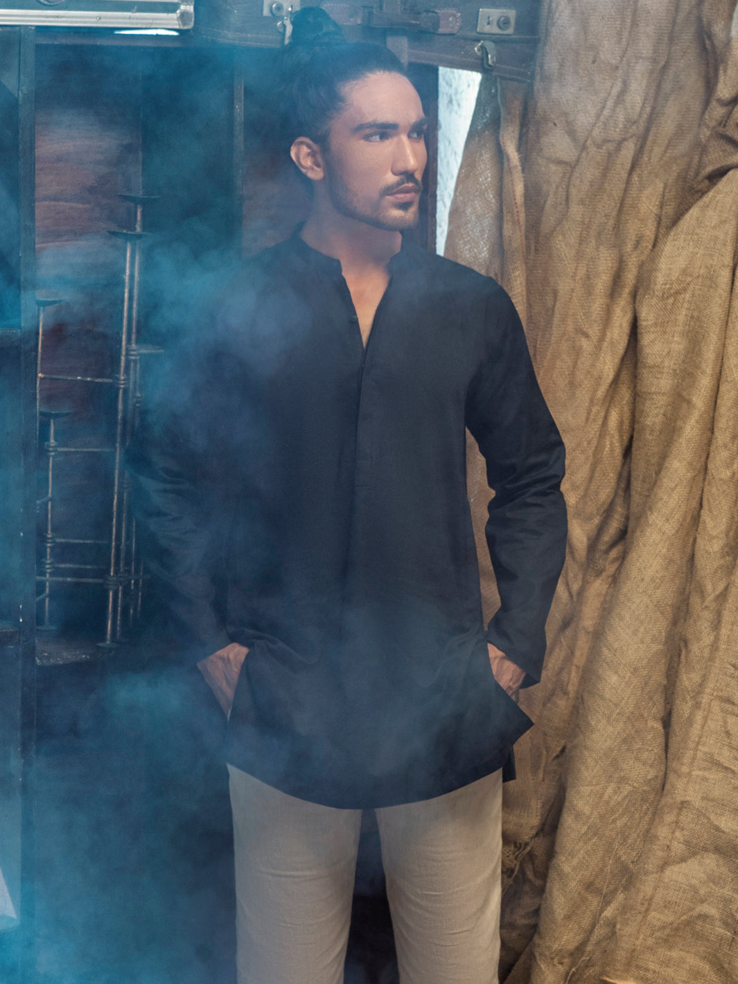 Indigo Blue Linen Short Kurta - ALCR-K-013 - Almirah Online