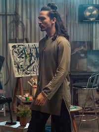 Olive Linen Short Kurta - ALCR-K-014