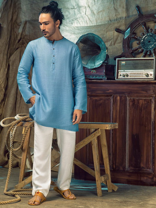 Blue Linen Short Kurta - ALCR-K-019 - Almirah Online