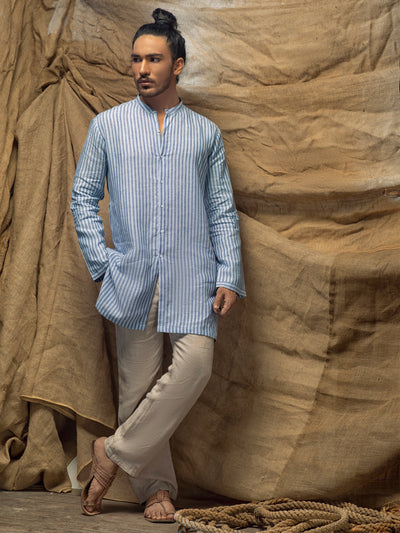 Blue Linen Short Kurta - ALCR-K-022 - Almirah Online