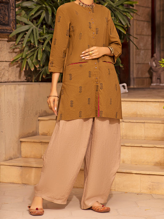 Brown Linen Tunic - ALCR-LK-1035 - Almirah Online