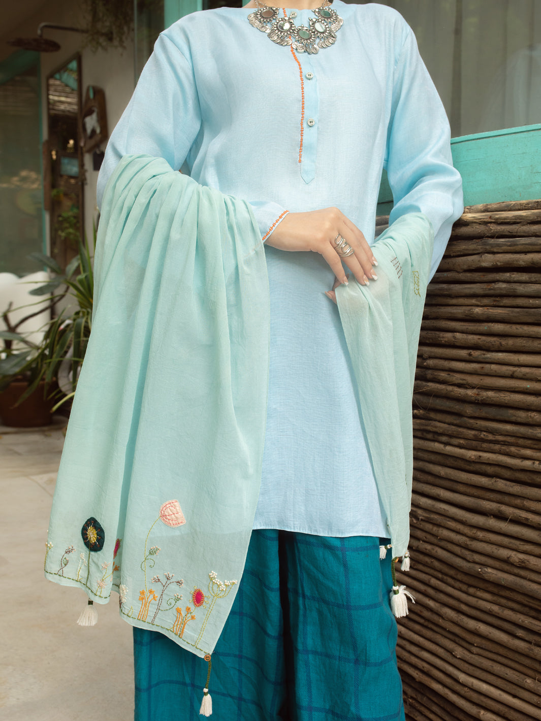 Ice Blue Cotton Women Stole - ALCR-ST-1042