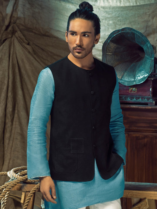Black Linen Cotton Waistcoat - ALCR-WC-004 - Almirah Online