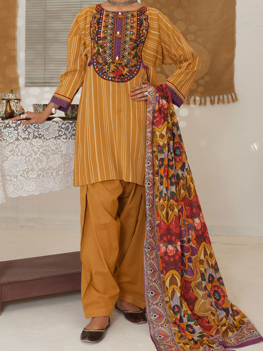 Mustard Yarn Dyed Jacquard 3 Piece Unstitched - ALP-3PS-1049