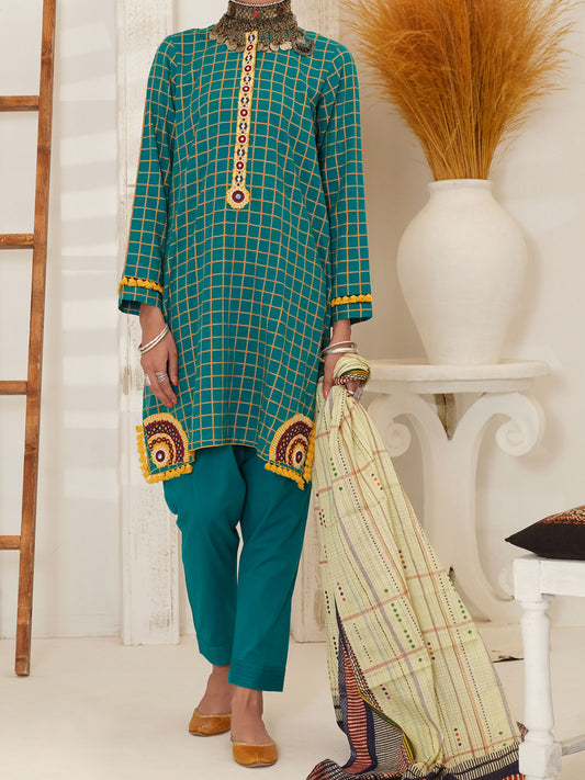 Green Jacquard 3 Piece Unstitched - ALP-3PS-1050