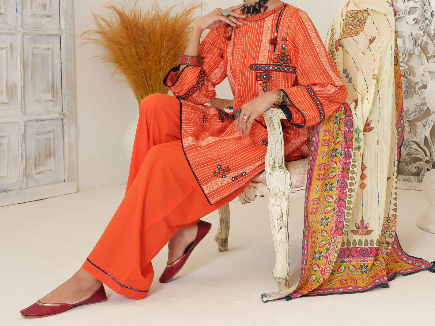 Orange Yarn Dyed Jacquard 3Pc Stitched - ALP-3PS-1051/S