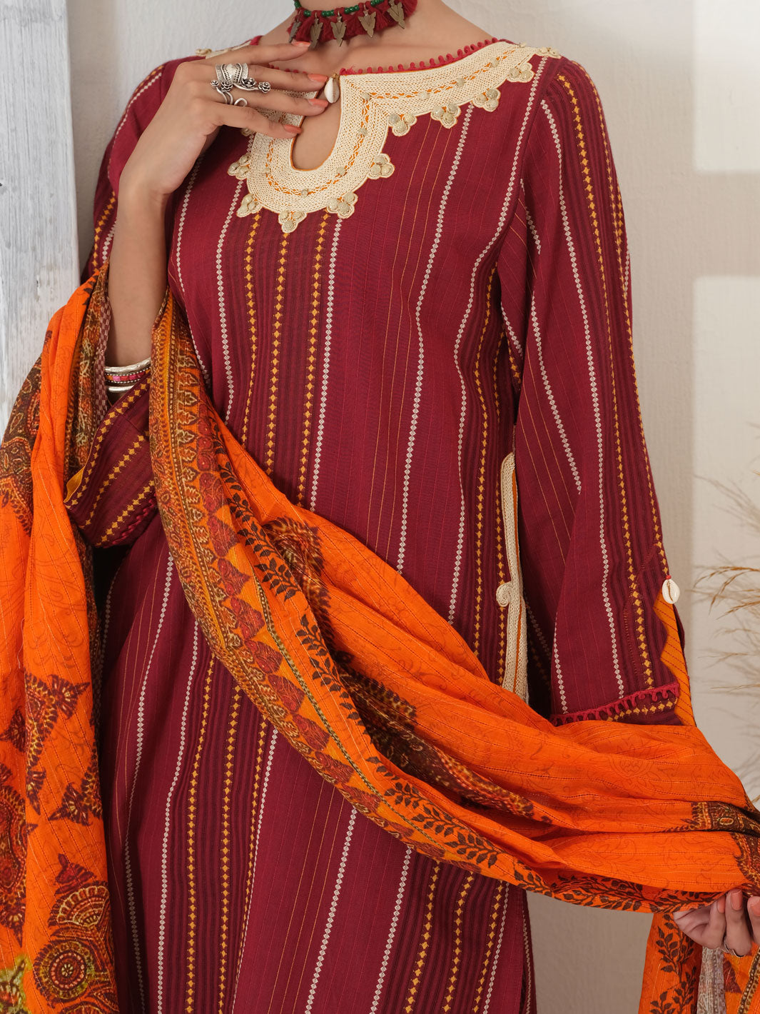 Maroon Yarn Dyed Jacquard 3Pc Stitched - ALP-3PS-1052/S