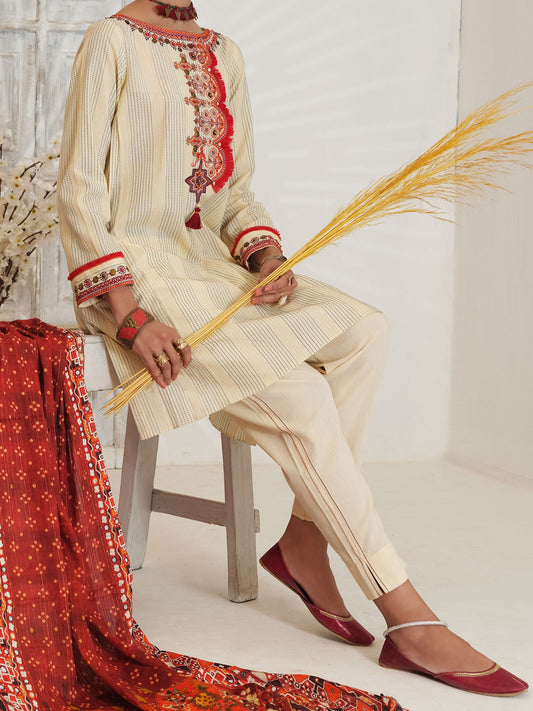 Off White Yarn Dyed Jacquard 3 Piece Unstitched - ALP-3PS-1053