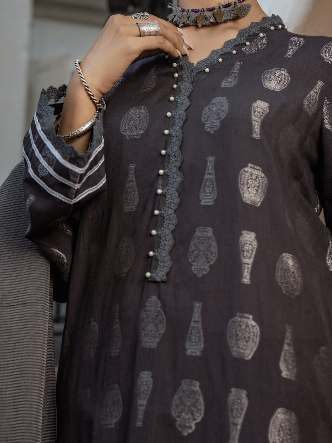 Grey Cambric Jacquard 3Pc Stitched - ALP-3PS-1171