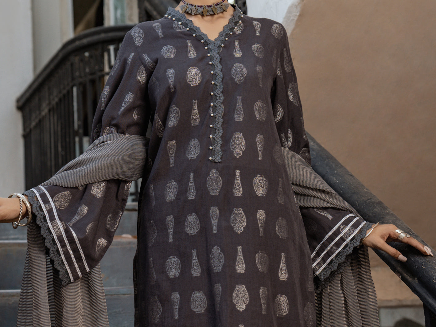 Grey Cambric Jacquard 3Pc Stitched - ALP-3PS-1171